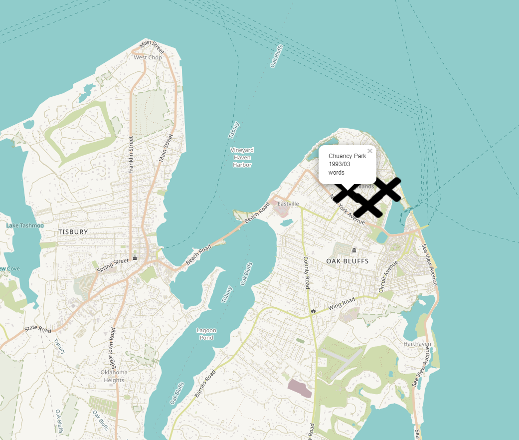 A map of Oak Bluffs and Tisbury, Massachusetts. Three "Xs" show the test locations and one has an open pop-up which shows test language of the location, a fake date, and "words" as a description. 